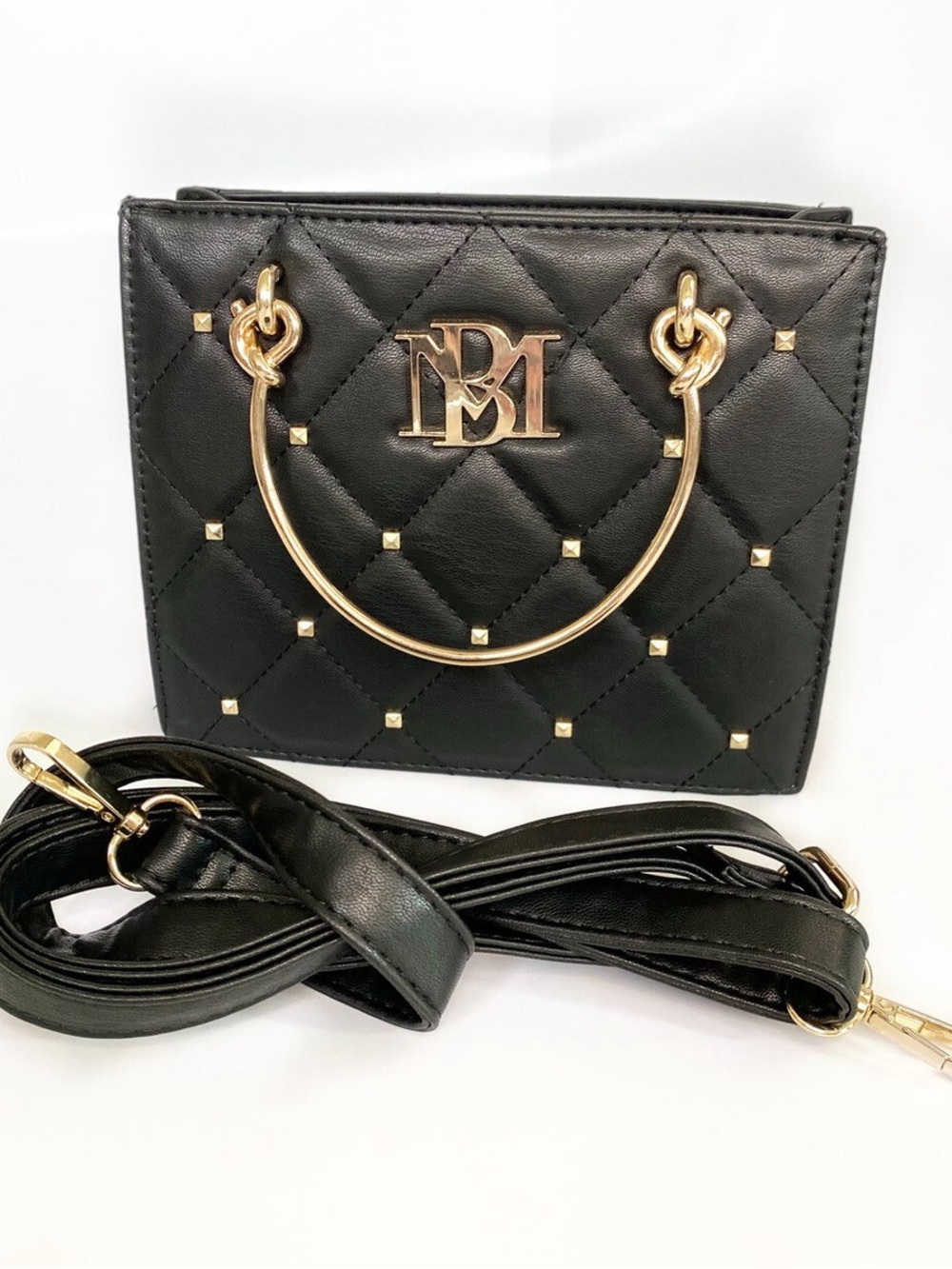 Super Cute! NWT Bagley Mischka Black Quilted Mini Bag with Gold Handle and Logo